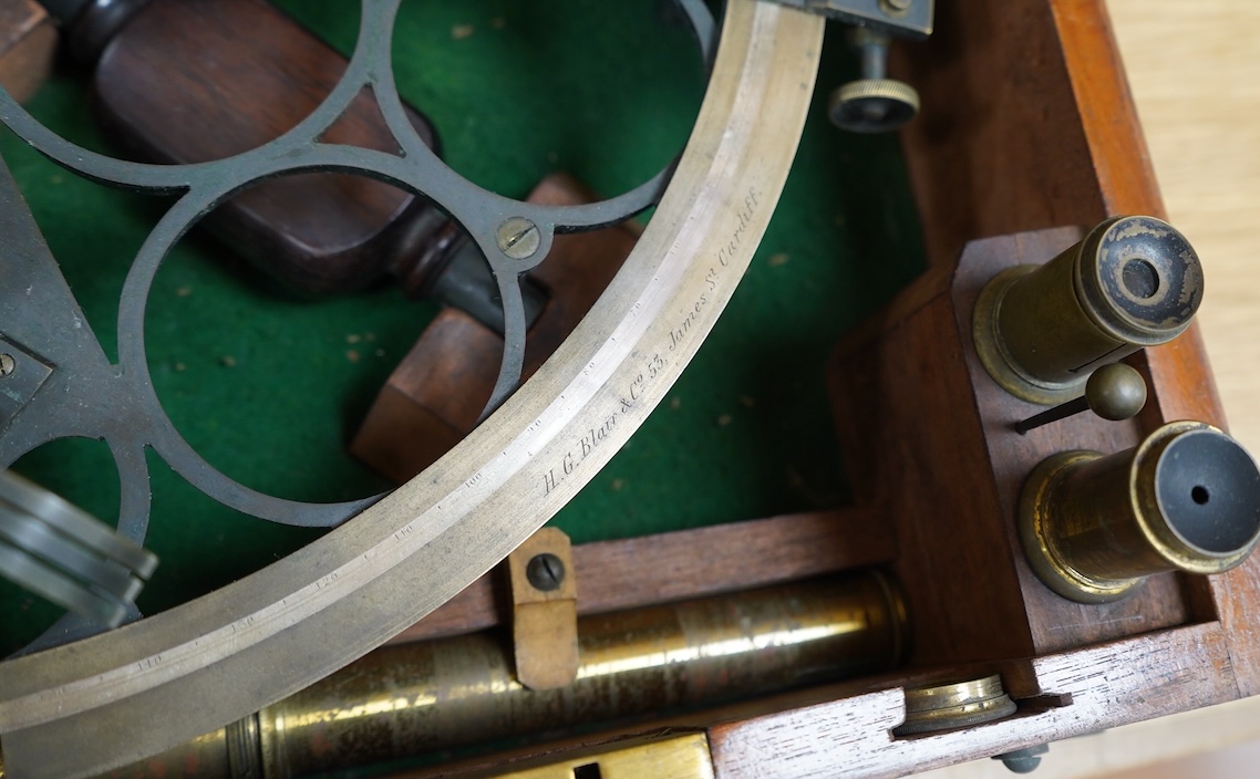 An early 20th century mahogany cased brass sextant by H.G. Blair & Co., 53 James St., Cardiff. Condition - fair to good, some general wear and tarnishing to the brass work. It would benefit from cleaning.